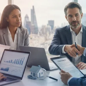 Professional insurance broker shaking hands with a client in a modern London office, representing the Certificate in Insurance Broker and Insurance Agent at QLS Level 3 course