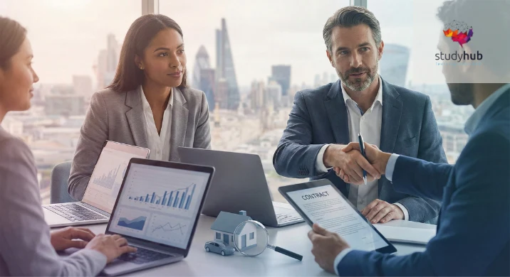 Professional insurance broker shaking hands with a client in a modern London office, representing the Certificate in Insurance Broker and Insurance Agent at QLS Level 3 course