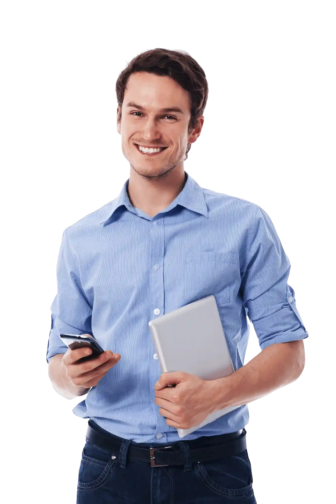 Smiling young professional wearing a blue shirt, holding a smartphone and a tablet against a white background.