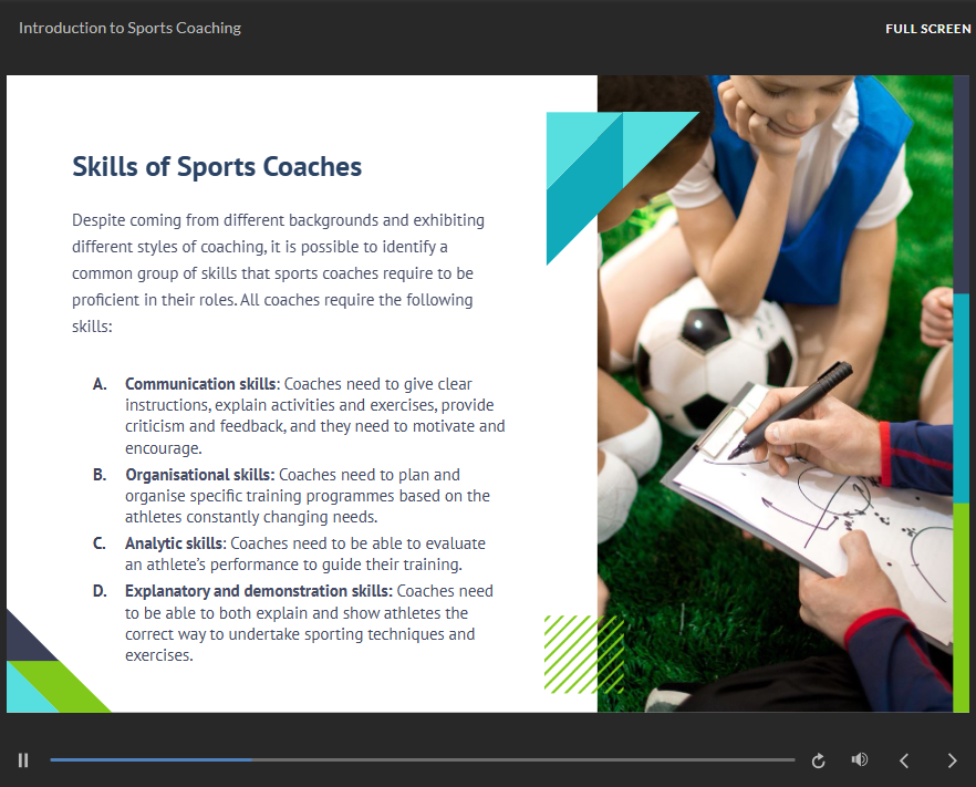 Sports coach drawing tactical plays on a clipboard during a youth football training session, illustrated alongside a list of key coaching skills like communication and analysis.