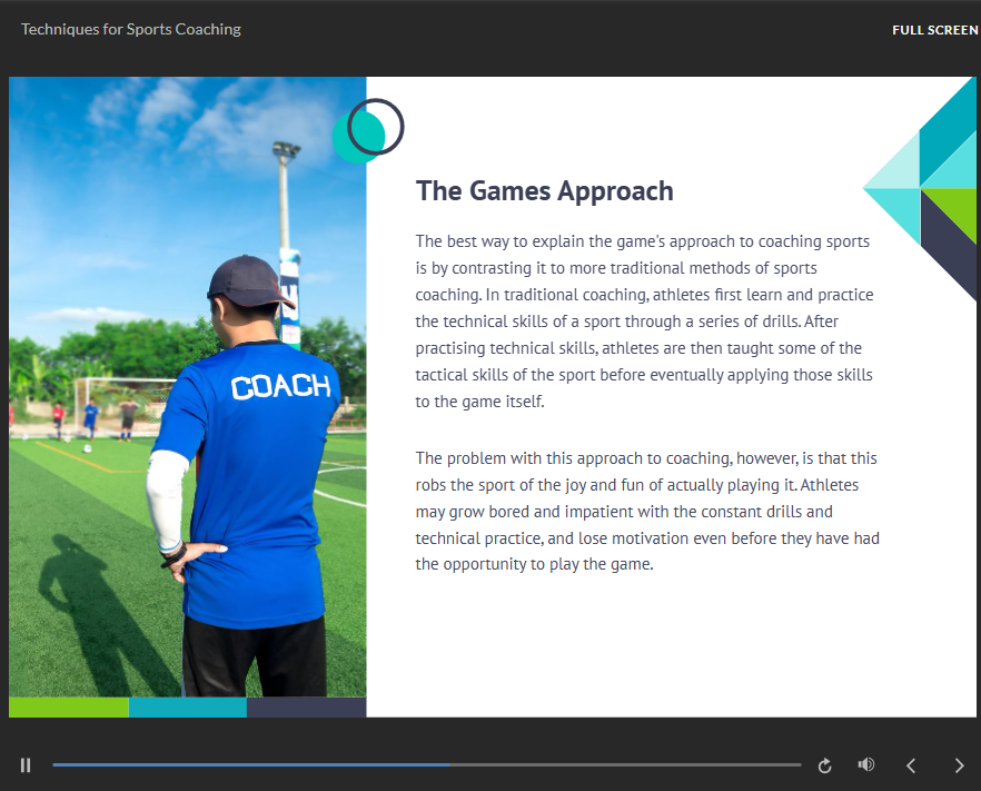Sports coach in a blue shirt observing a football training session on a pitch, accompanying a course slide about 'The Games Approach' within the Techniques for Sports Coaching course.