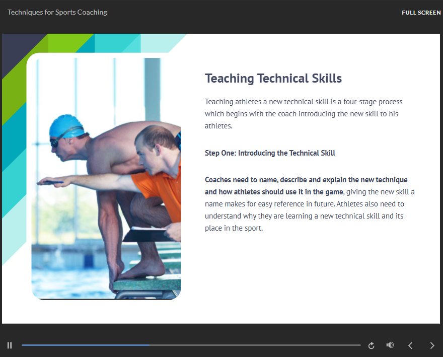 Swimming coach adjusting an athlete's arm position on the starting block, illustrating the 'Teaching Technical Skills' module of the Techniques for Sports Coaching course.