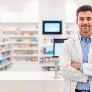 Smiling pharmacy technician in a white coat standing in a modern pharmacy setting, representing the Level 3 Pharmacy Technician Course - CPD Accredited