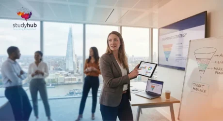 Marketing professionals reviewing campaign analytics on a laptop and shaking hands with a client in a modern London office, representing the Marketing course