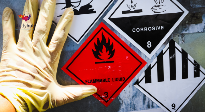 Gloved hand pointing to flammable liquid hazard label alongside corrosive and hazardous material warning signs
