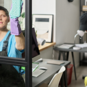 Professional cleaners in uniforms cleaning office space, one wiping glass window and another mopping floor