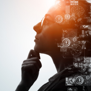 Silhouette of a thoughtful person with digital interface overlays representing artificial intelligence, data analysis, and modern technology.