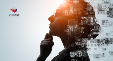 Silhouette of a thoughtful person with digital interface overlays representing artificial intelligence, data analysis, and modern technology.
