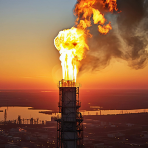 Gas flare tower burning excess gas at an oil refinery during sunset with industrial landscape in the background.