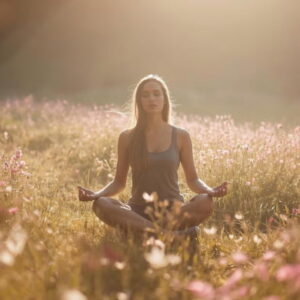 Young woman meditating in a flower-filled meadow during sunrise for spiritual wellness and mindfulness.