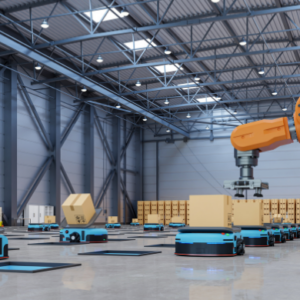Automated warehouse with robotic arms and autonomous mobile robots transporting packages