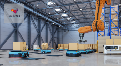Automated warehouse with robotic arms and autonomous mobile robots transporting packages