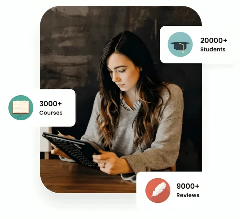Female student using a tablet with e-learning platform statistics displaying 20,000+ students, 3,000+ courses, and 9,000+ reviews